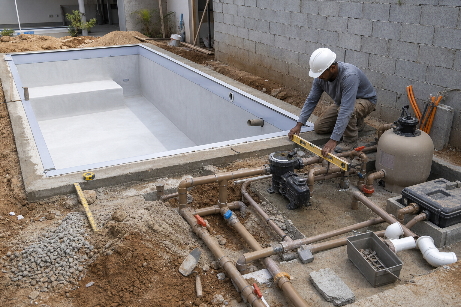 Técnico conferindo nível e tubulações de piscina em construção com filtro bomba e casa de máquinas planejada