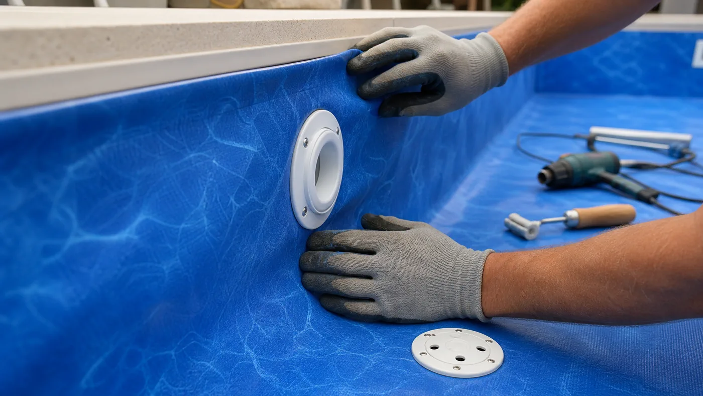 Mãos com luvas ajustando vinil azul novo ao redor de dispositivo hidráulico da piscina