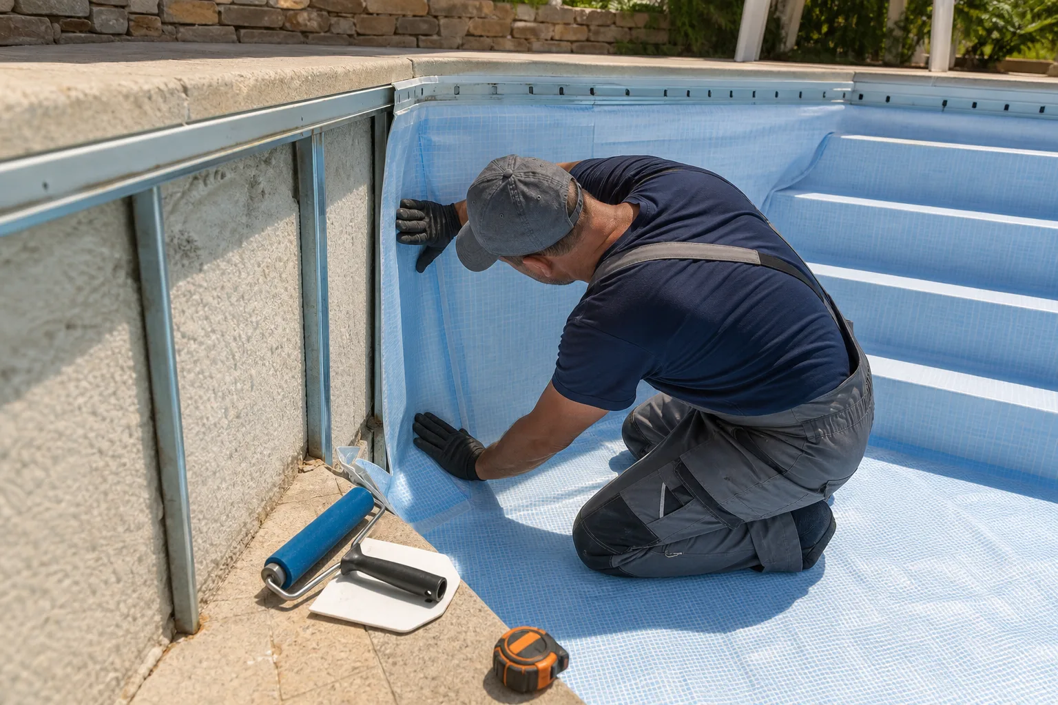 Técnico instalando novo revestimento de vinil azul em piscina residencial vazia