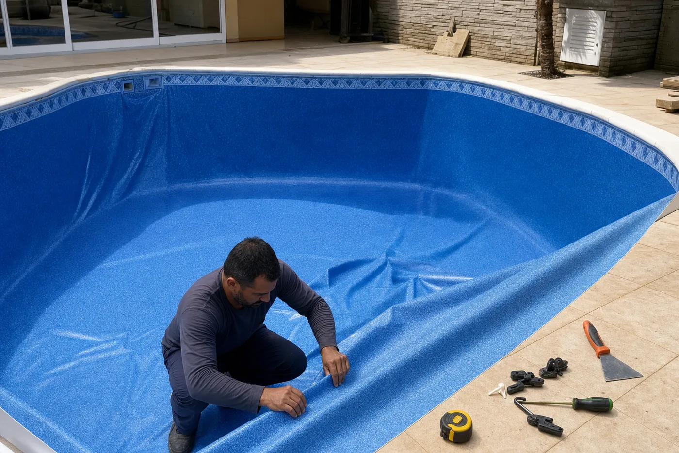 Instalação de vinil azul em piscina residencial com técnico alinhando o revestimento em Goiânia