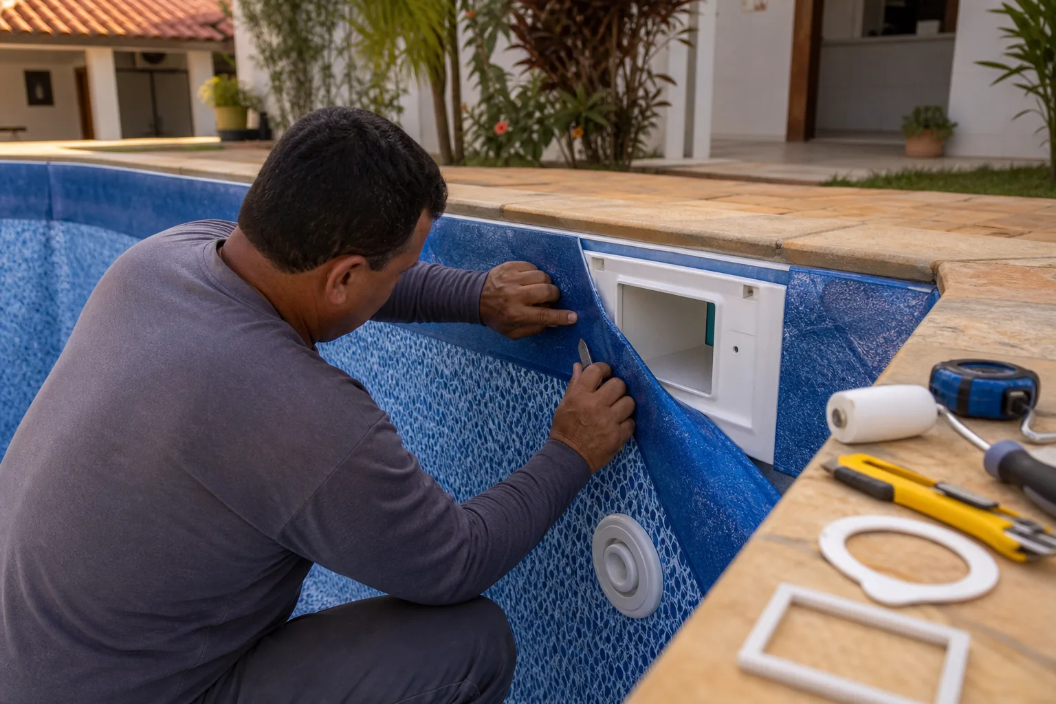 Técnico instalando vinil azul em parede de piscina e ajustando recorte próximo ao skimmer e retorno
