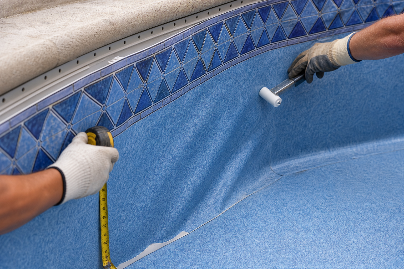 Mãos com luvas ajustando manta de vinil azul na parede da piscina com rolete e trena