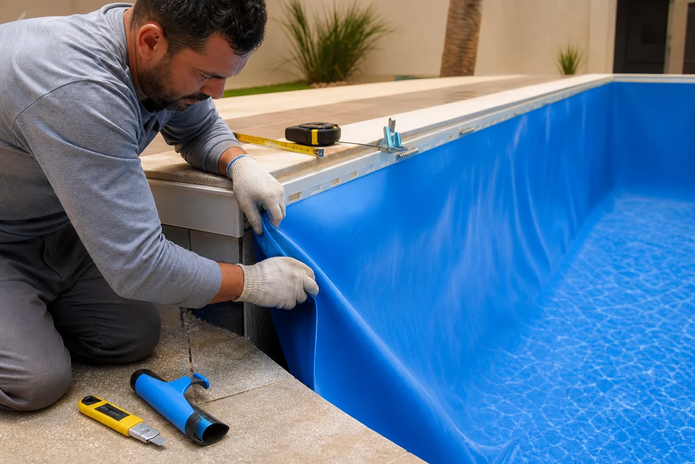 Instalação de vinil azul em piscina residencial com técnico alinhando o revestimento