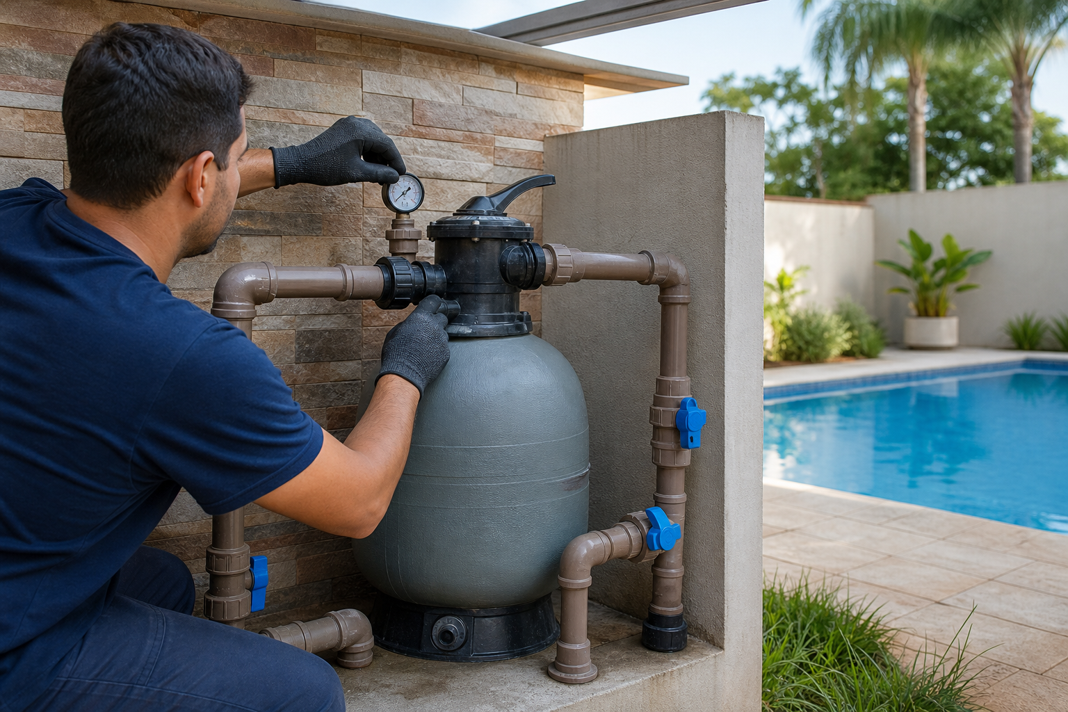 Técnico verificando manômetro e válvula seletora de filtro de areia para piscina em Anápolis