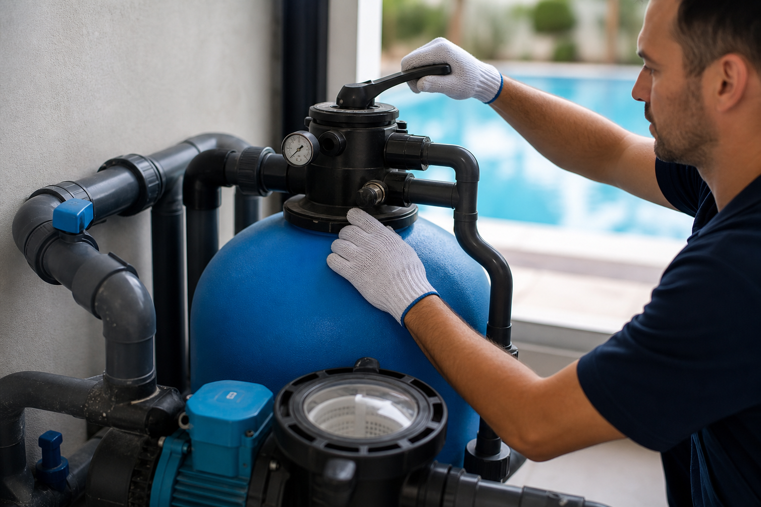 Técnico ajustando válvula seletora e manômetro em filtro de areia para piscina residencial