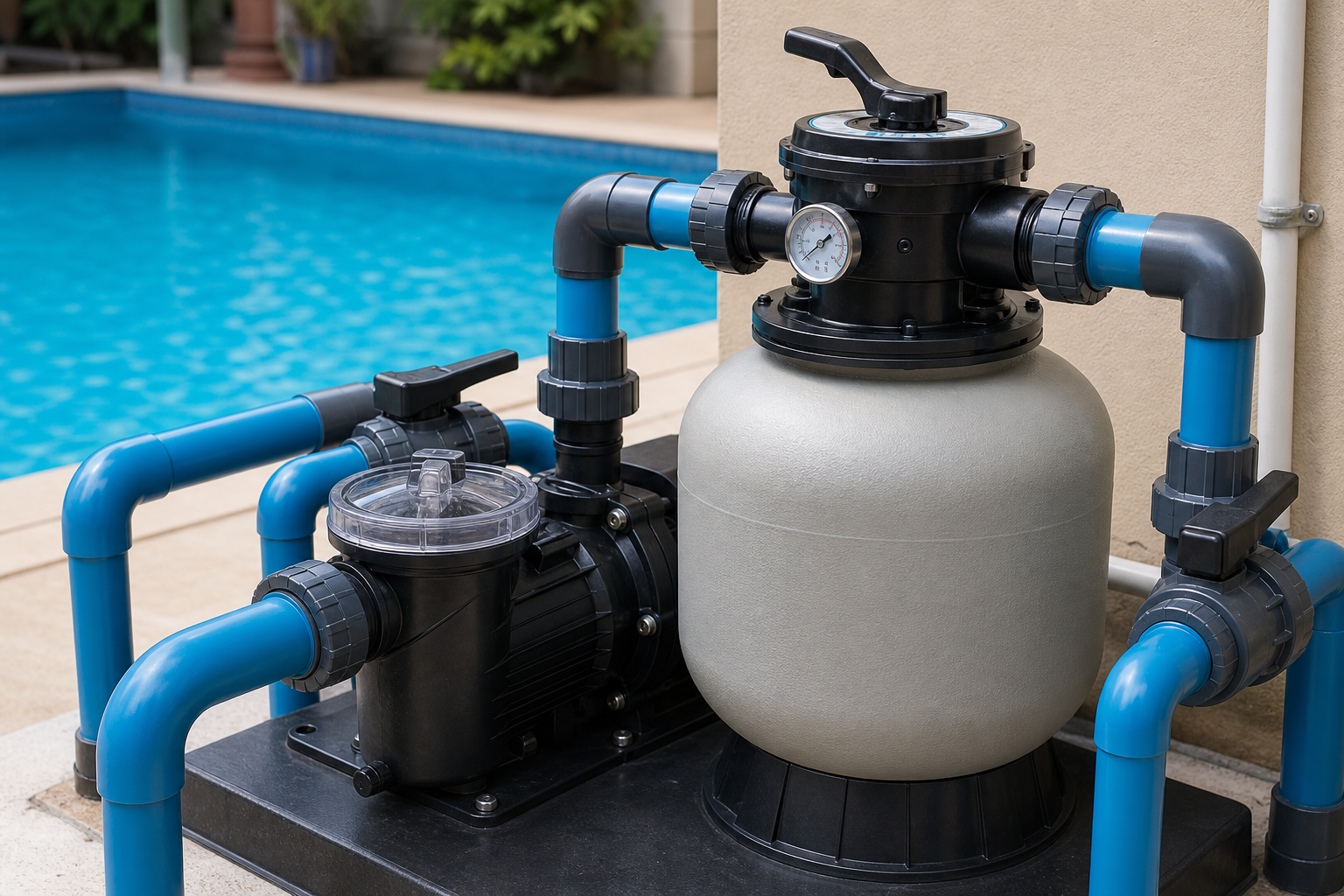 Detalhe de filtro de areia com válvula seletora, manômetro, bomba e tubulação azul de piscina