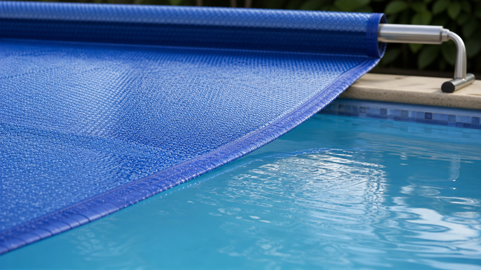 Detalhe de manta térmica azul tipo bolha sobre piscina com sistema de enrolador na borda