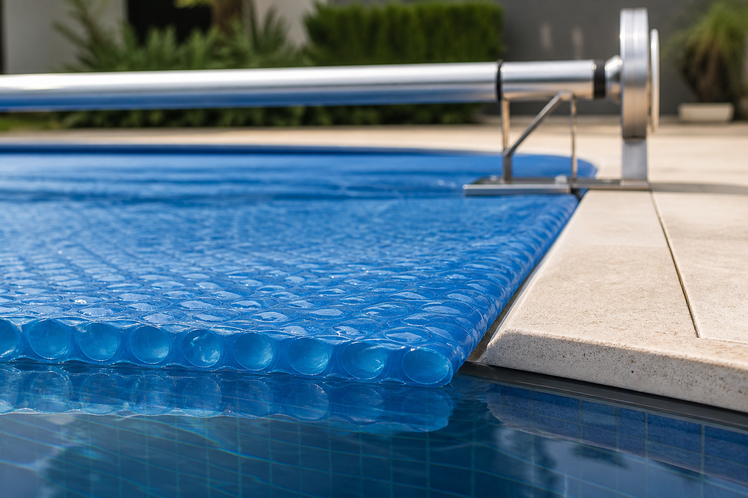 Detalhe de manta térmica azul tipo bolha na borda da piscina com sistema de enrolador metálico