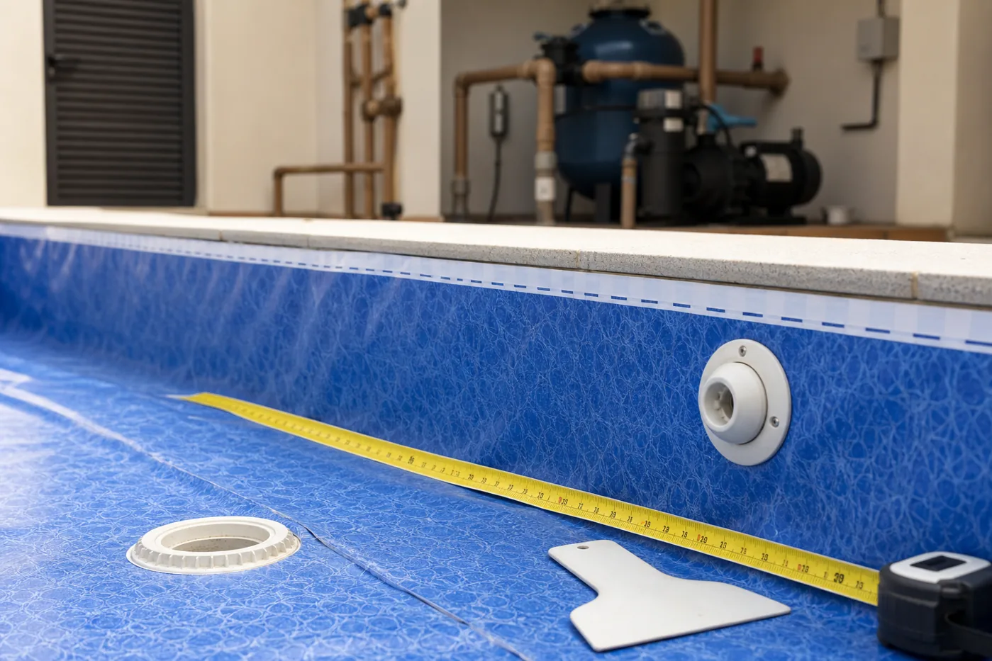 Detalhe de vinil de piscina com trena, espátula, dreno e filtro ao fundo em Goiânia