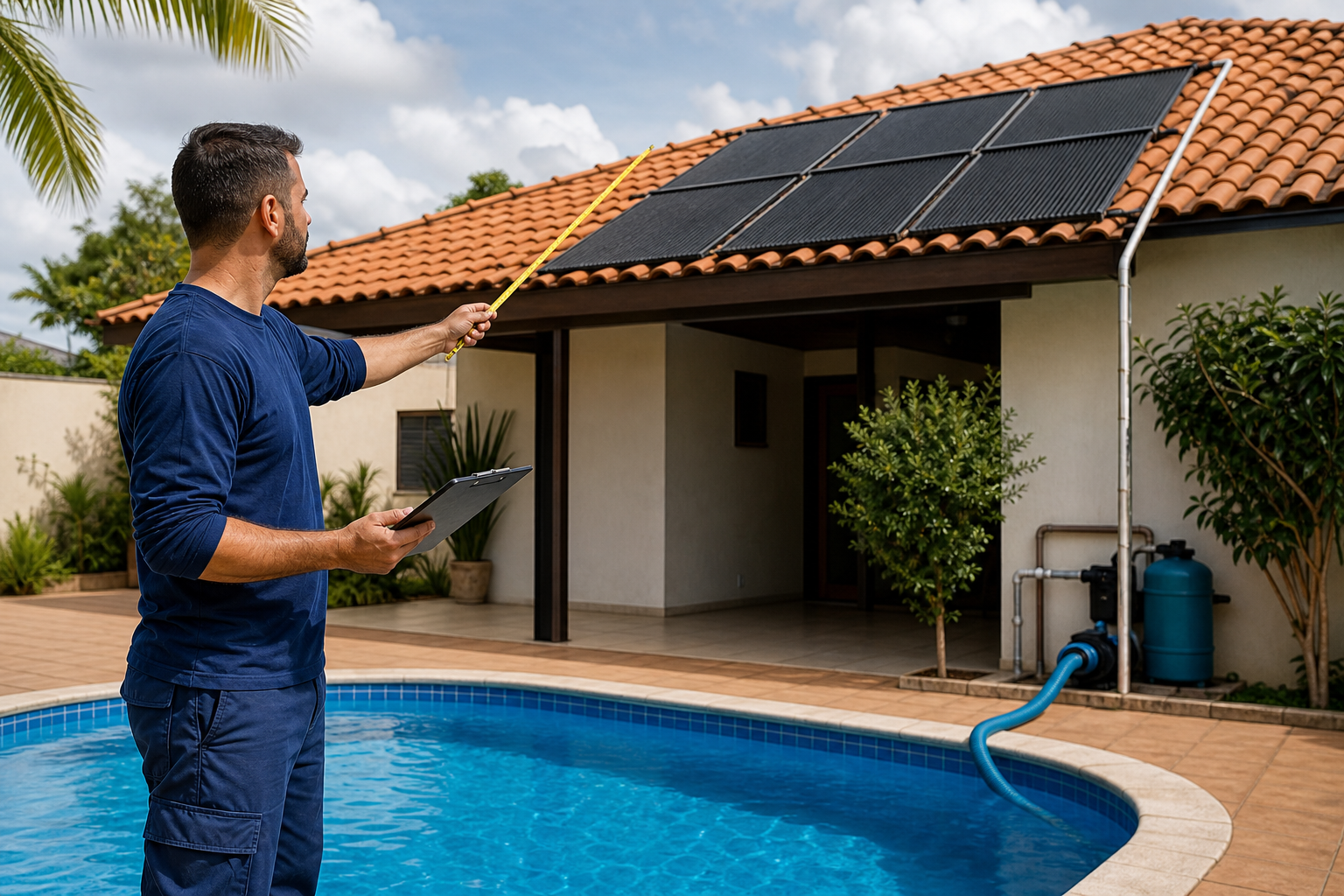 Técnico medindo área de telhado e avaliando piscina para instalar aquecimento solar