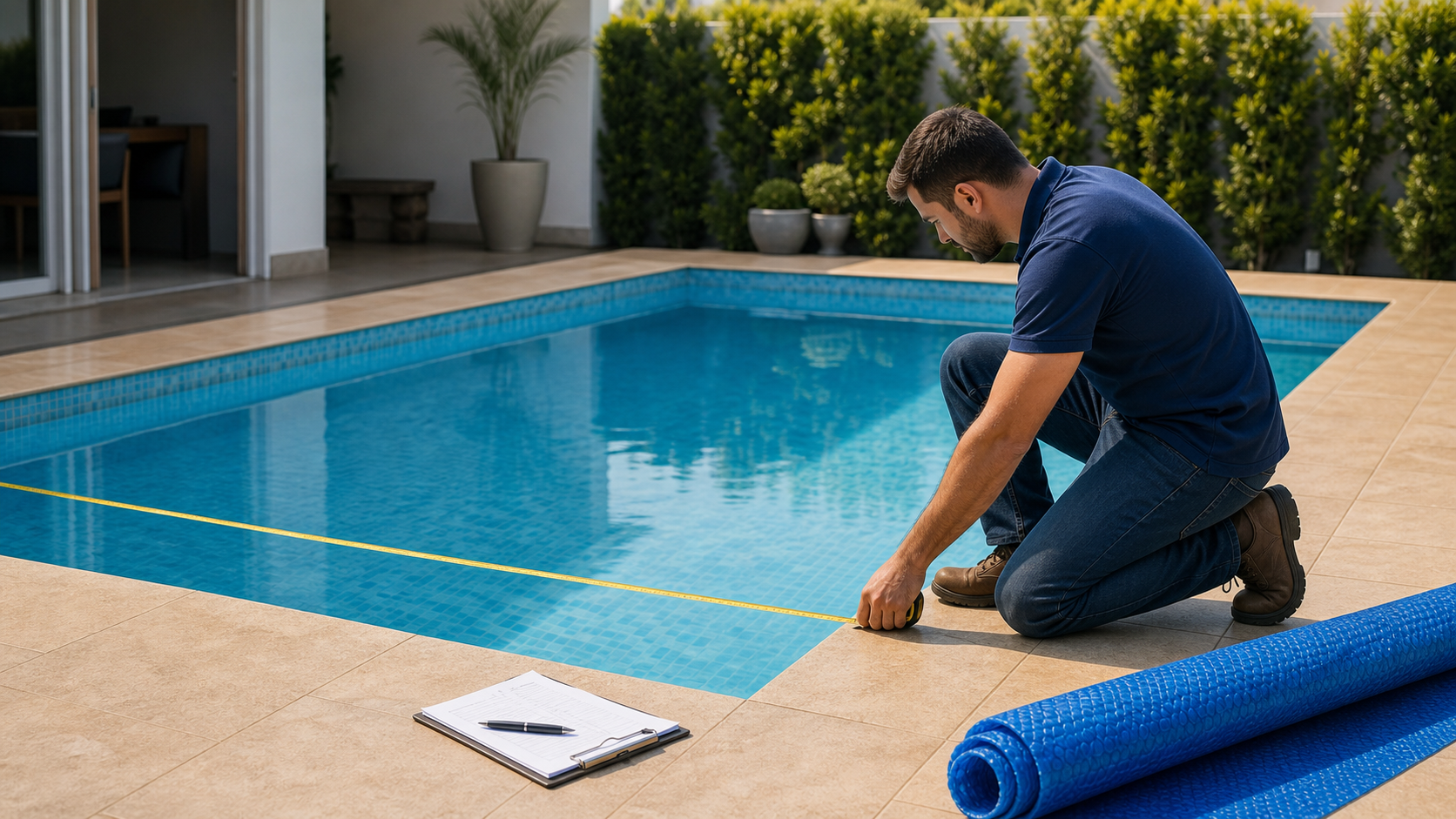 Profissional medindo piscina com trena para dimensionar capa térmica azul enrolada na borda