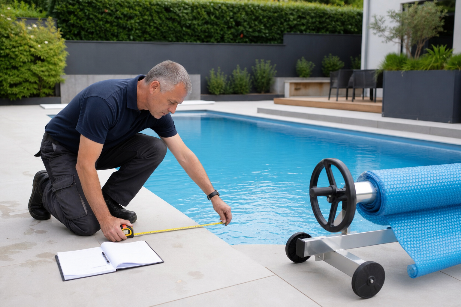 Técnico medindo a borda de uma piscina com trena antes de instalar capa térmica e enrolador