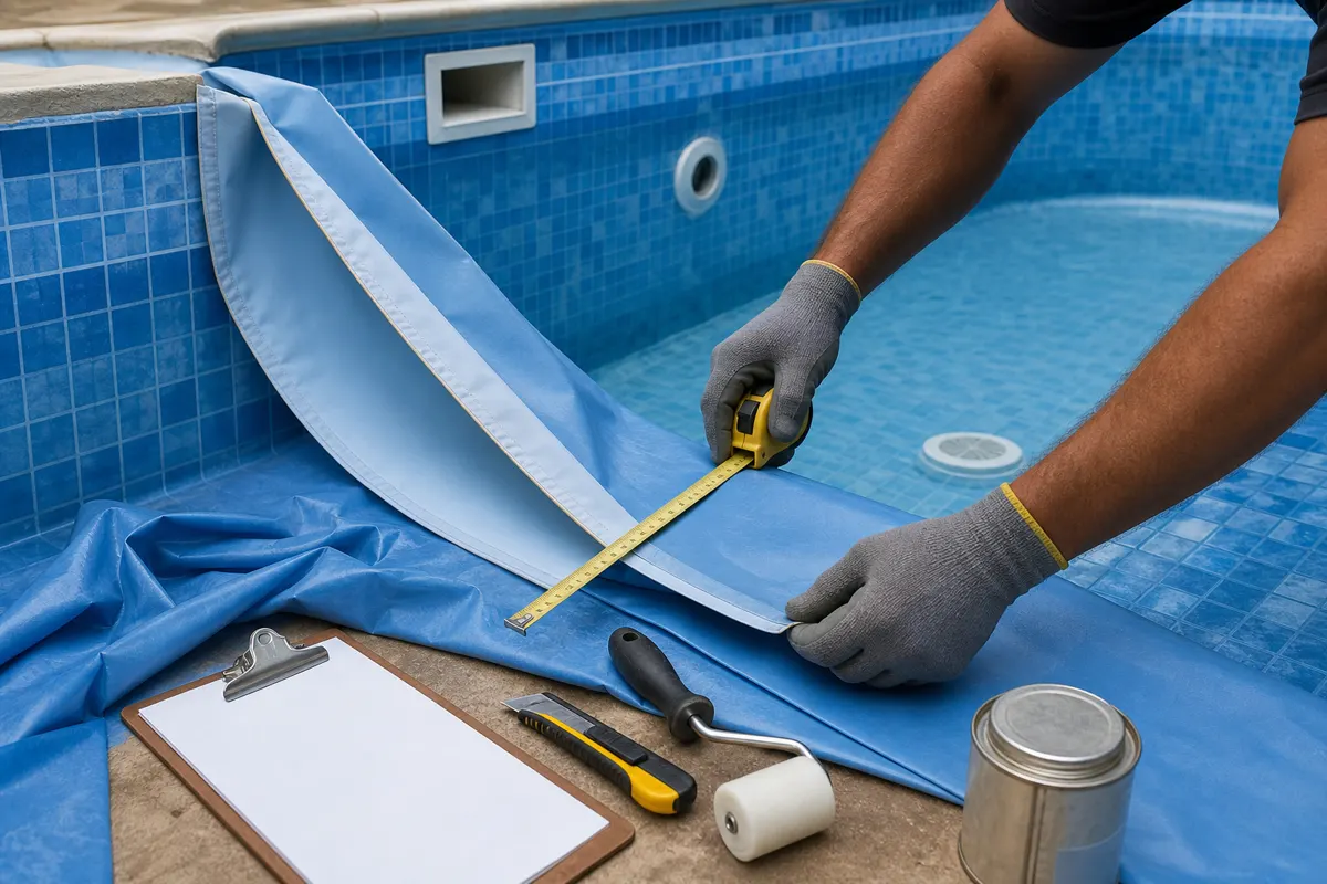 Manta de vinil azul sendo medida com trena, rolo e ferramentas para substituição de revestimento de piscina