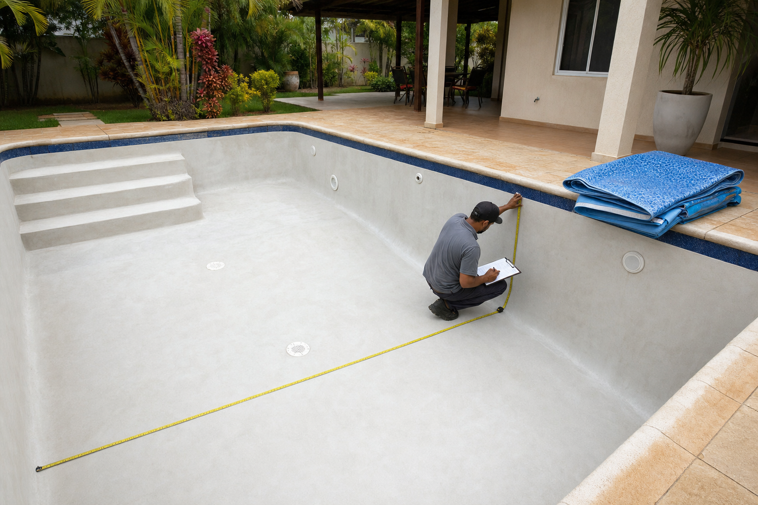 Técnico medindo piscina vazia com trena para fabricar novo vinil sob medida
