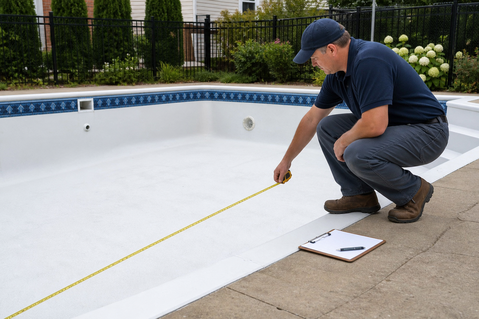 Técnico medindo piscina vazia com trena para fabricar vinil sob medida