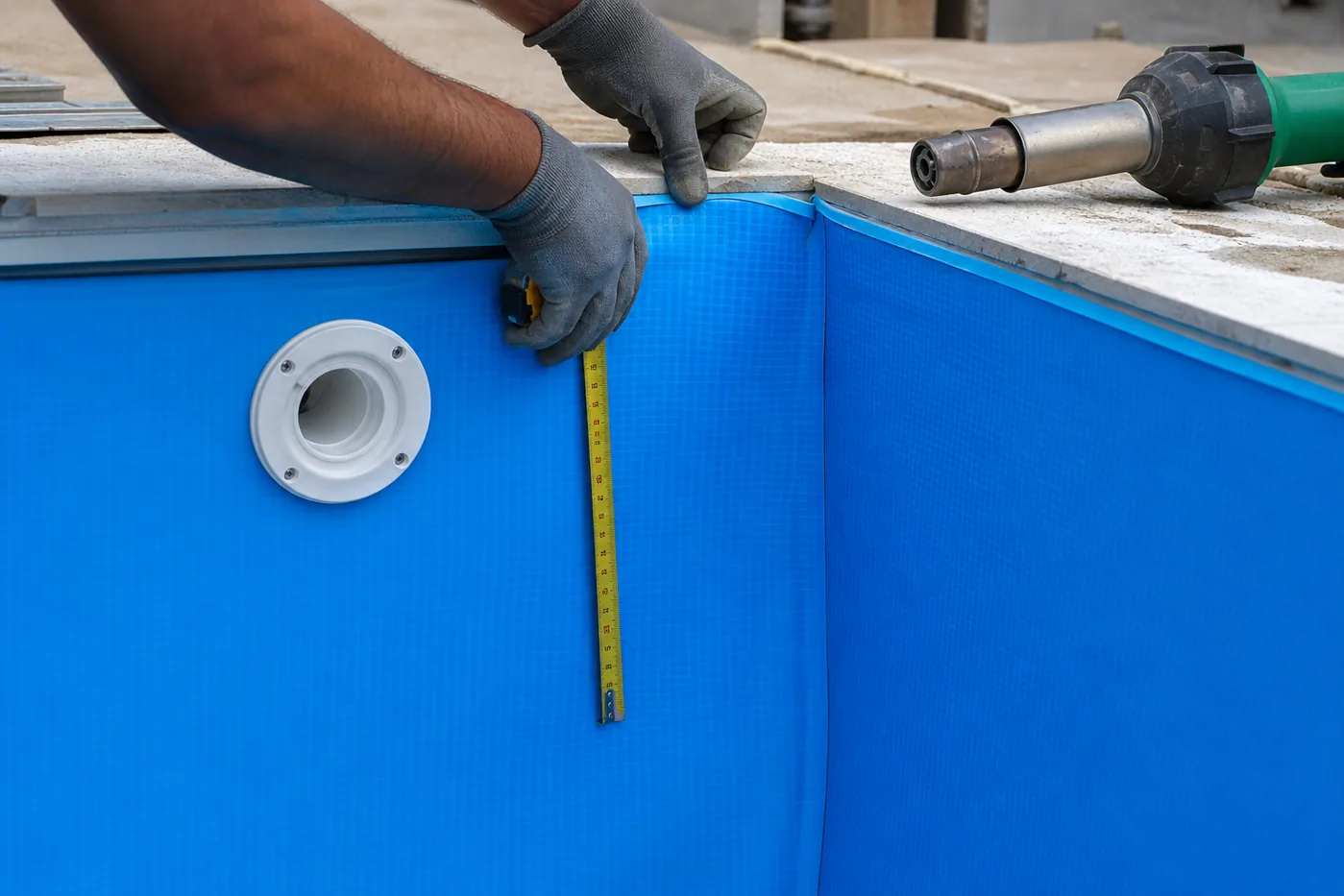 Detalhe técnico de medição e acabamento do vinil azul ao redor de dispositivo de piscina