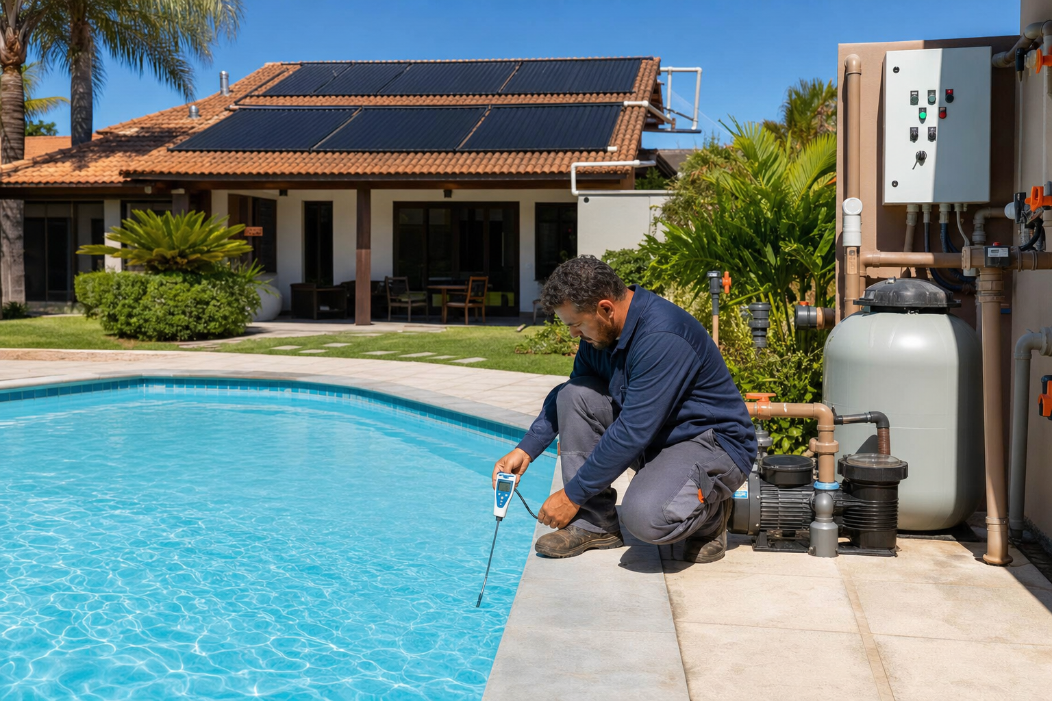 Técnico medindo temperatura da água de piscina com coletores solares e equipamentos de filtragem instalados