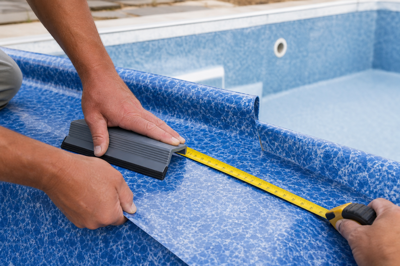 Mãos de técnico medindo e cortando revestimento vinílico azul marmorizado na borda de uma piscina vazia