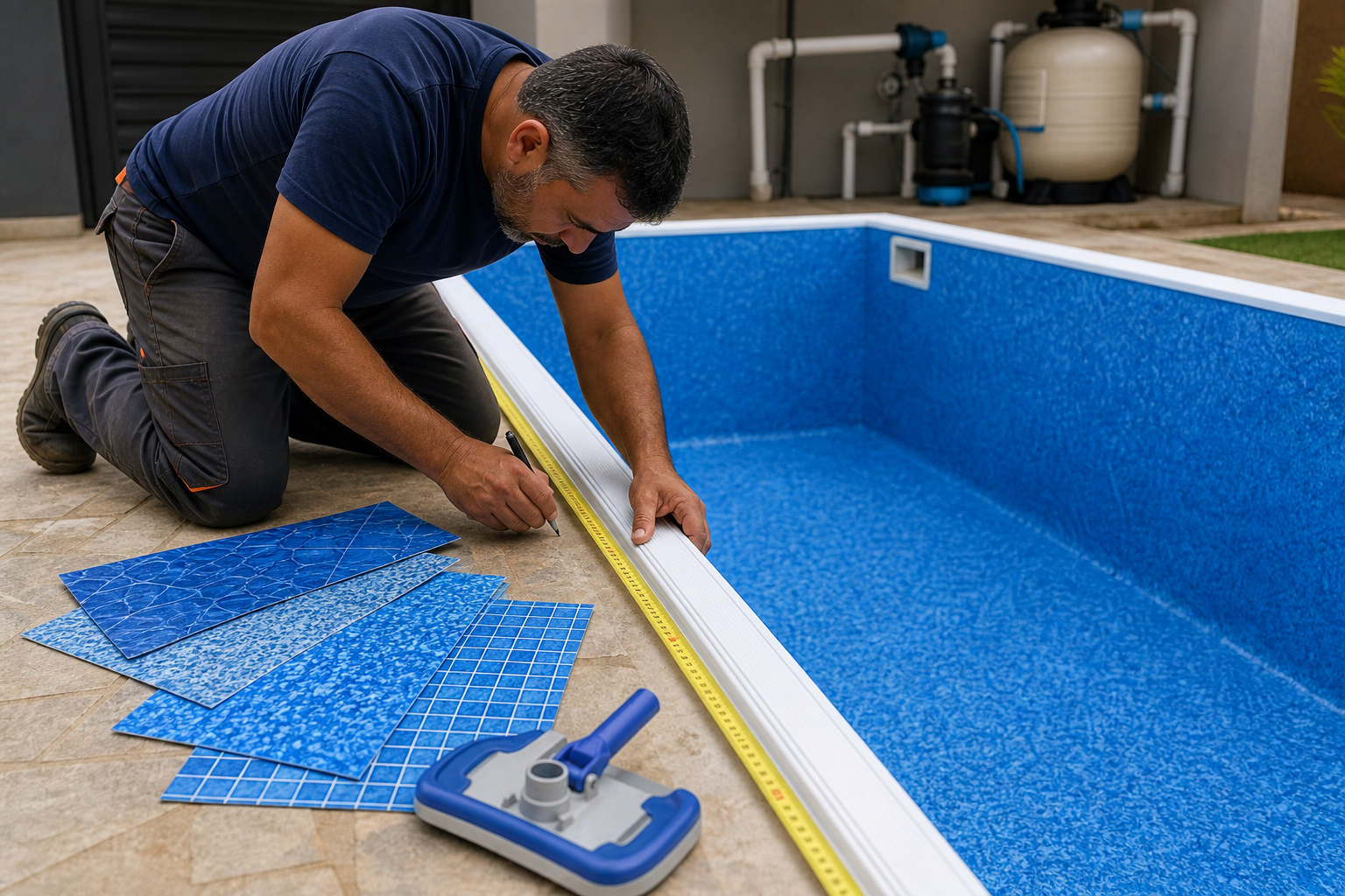 Técnico medindo borda interna de piscina de vinil com trena, amostras de estampas azuis e filtro ao fundo