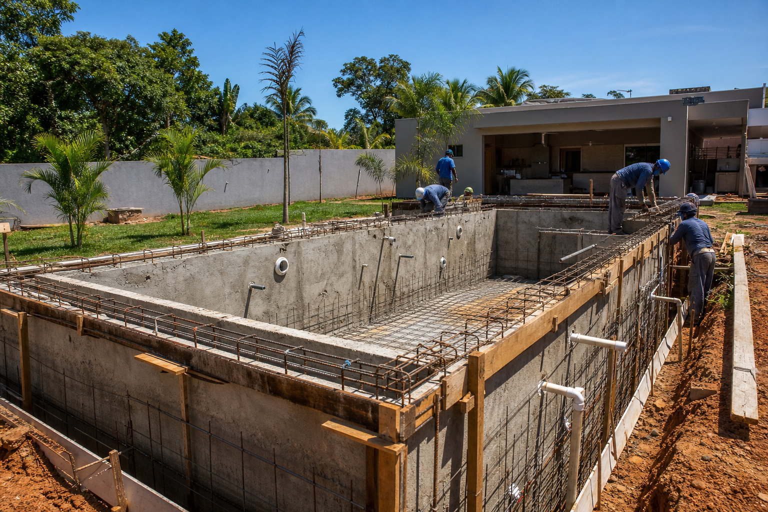 Obra de construção de piscina de alvenaria em Goiânia com estrutura, ferragens e equipe técnica