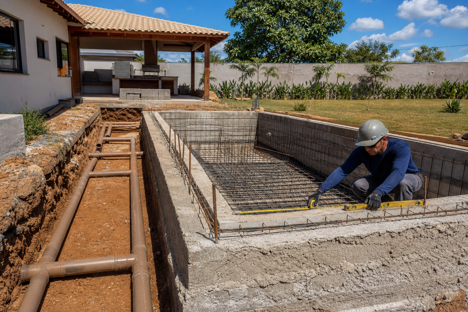 Obra de piscina com estrutura de concreto ferragem tubulação hidráulica e profissional conferindo medidas