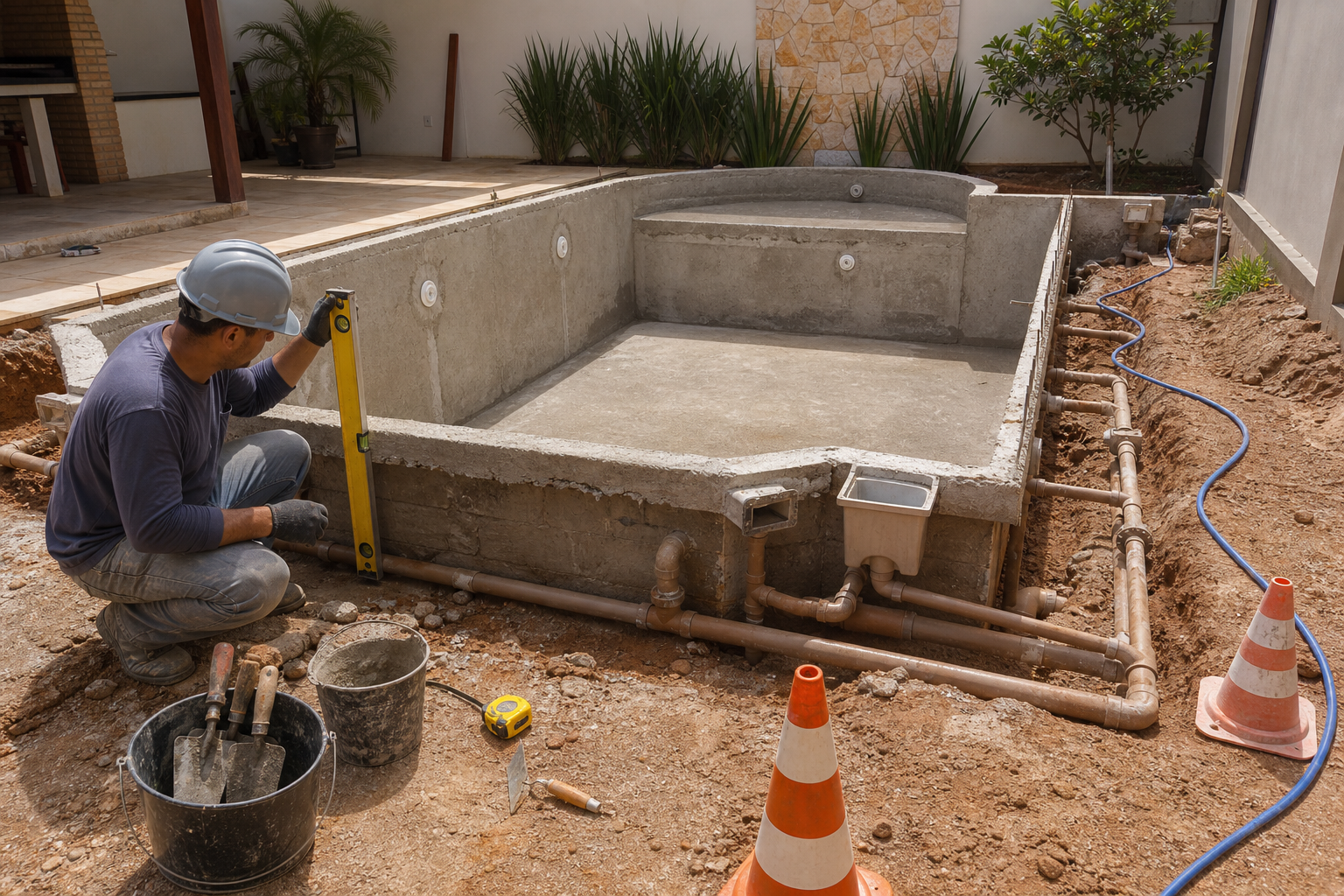 Técnico conferindo nível em piscina de alvenaria com tubulação aparente durante a construção