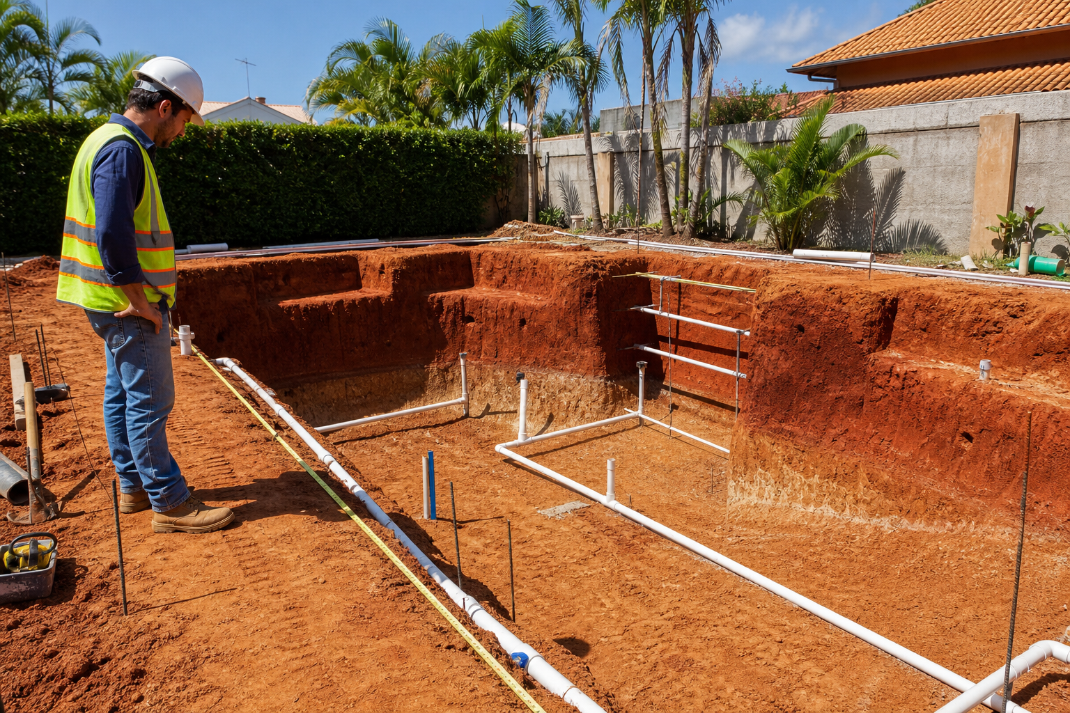Obra de piscina com tubulação preparada antes do vinil