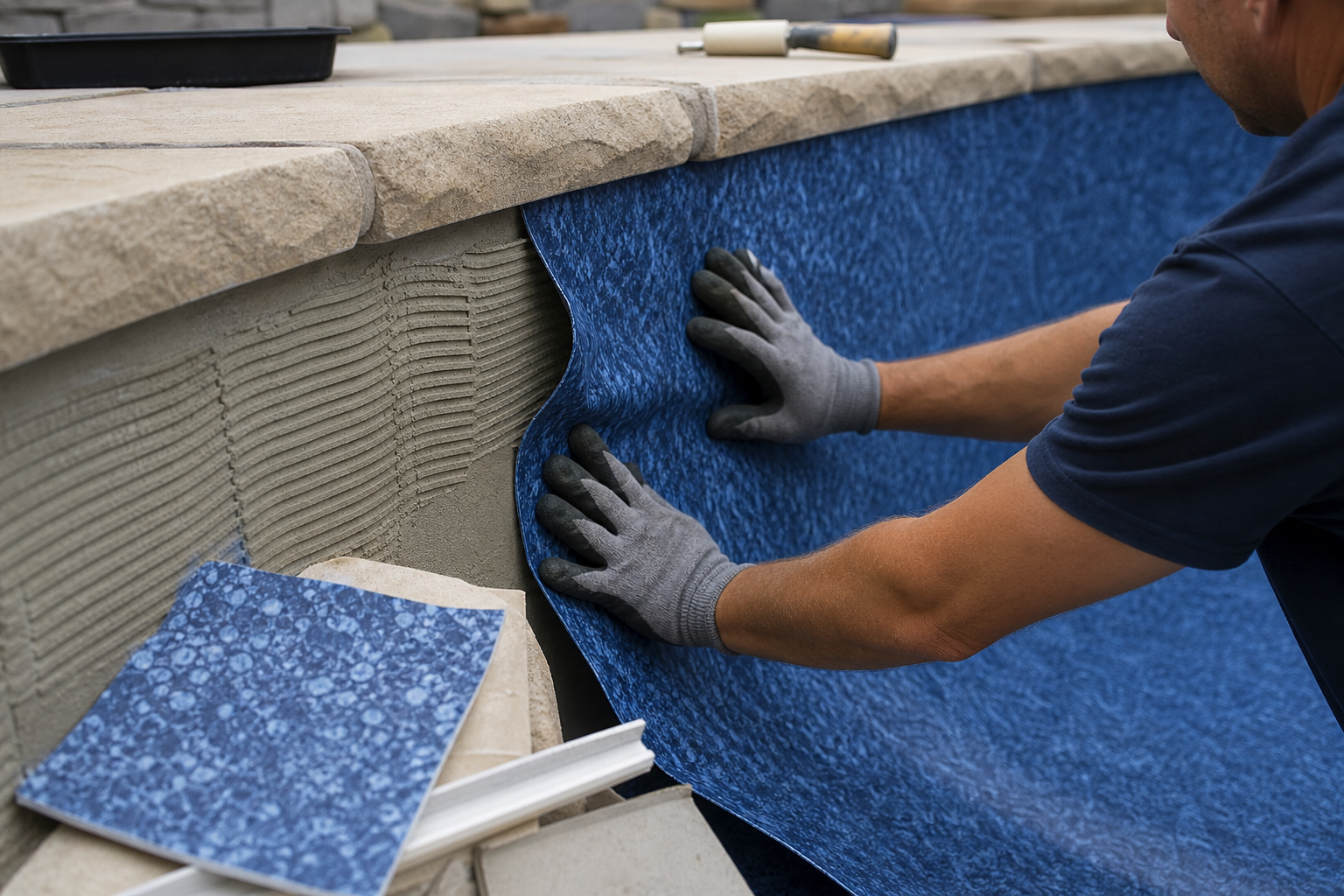 Instalação de vinil azul em piscina residencial