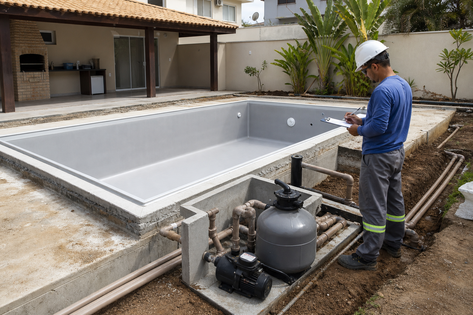 Piscina em obra com hidráulica vinil e técnico revisando instalação