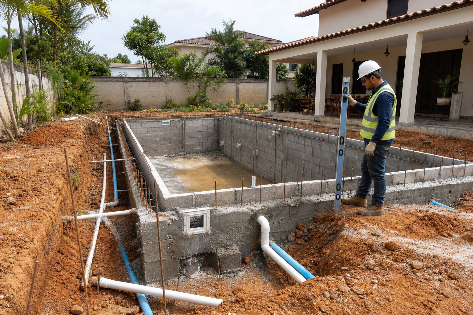 Construção de piscina pequena com tubulação aparente