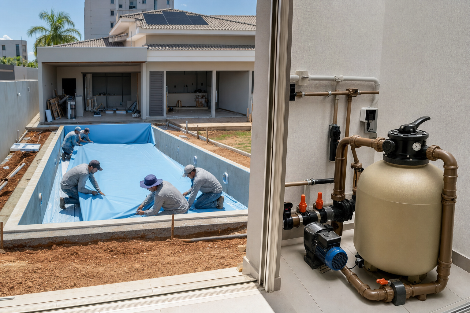 Equipe instalando vinil em piscina residencial com filtro e bomba na casa de máquinas