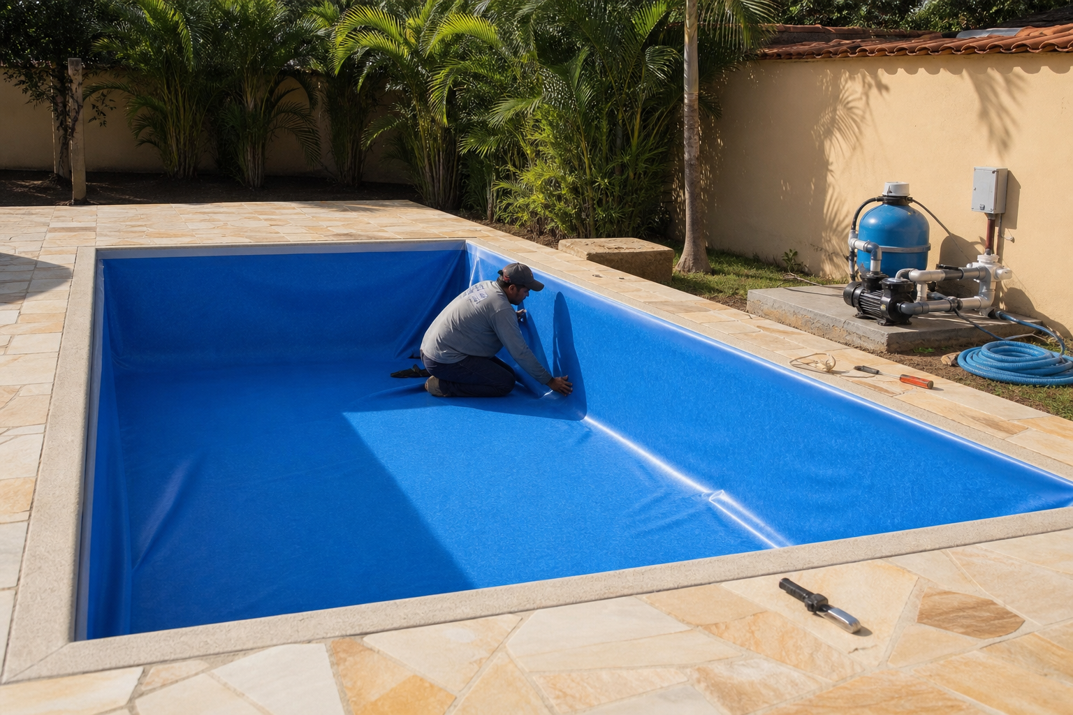 Técnico ajustando revestimento vinílico azul em piscina residencial com filtro ao lado