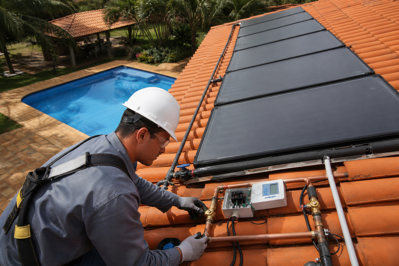 Técnico verificando placas de aquecimento solar para piscina em telhado no Setor Garavelo