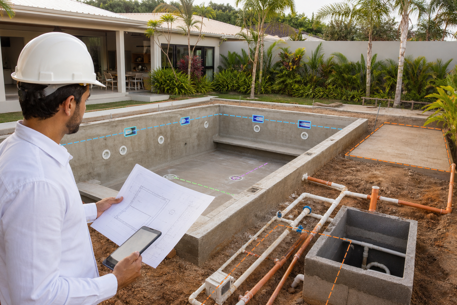 Técnico com planta da piscina verificando skimmer, retornos, dreno, tubulações e casa de máquinas durante a obra