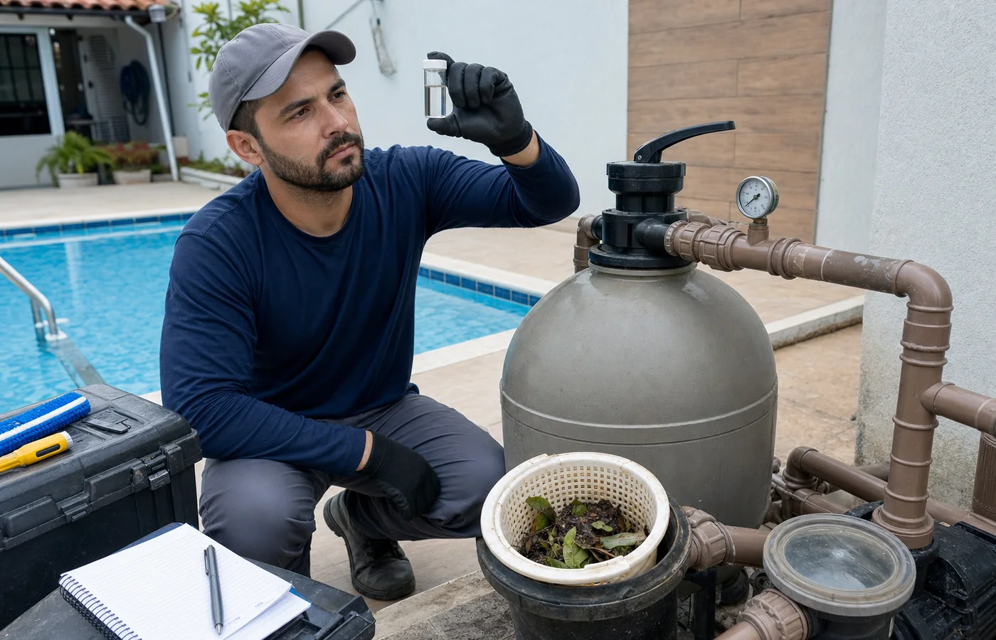 Técnico segurando amostra de água ao lado do filtro de areia, manômetro e cesto do pré-filtro com folhas
