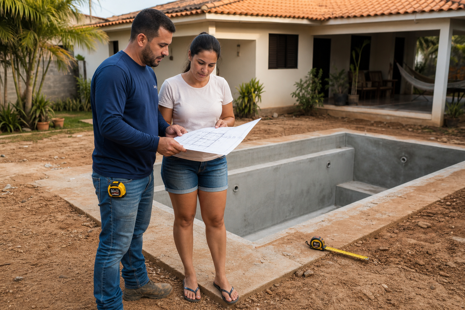 Técnico e cliente avaliando projeto e medidas ao lado de piscina residencial em construção