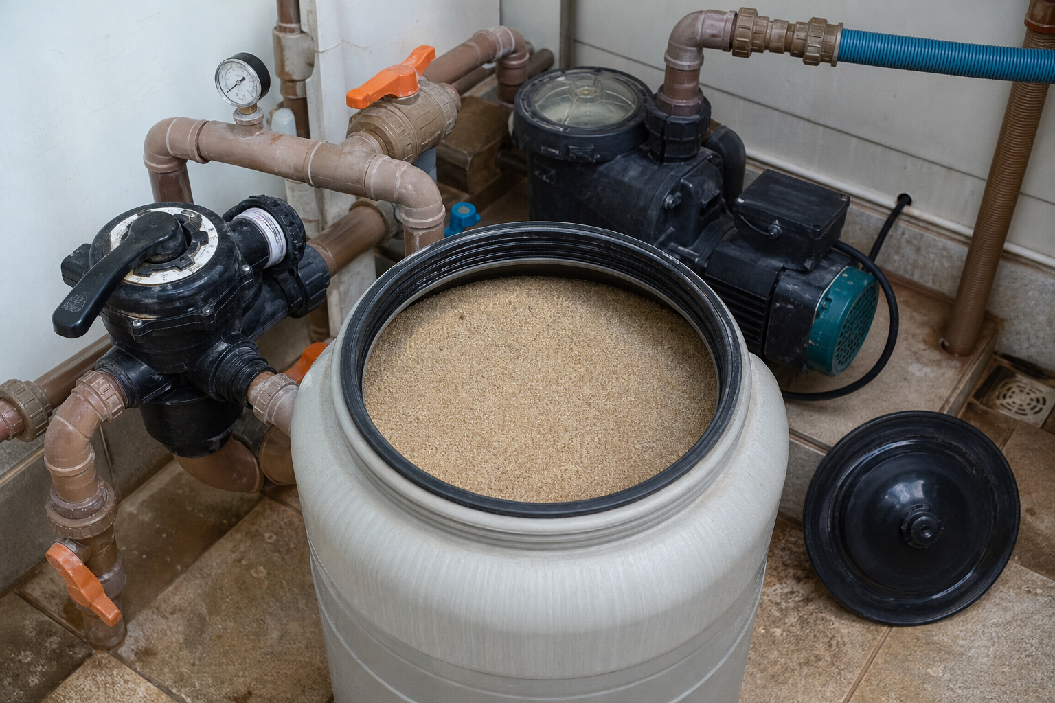 Filtro de areia de piscina aberto para manutenção da carga filtrante