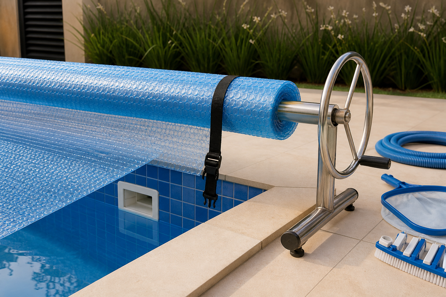 Capa térmica azul com bolhas sendo ajustada em rolo enrolador ao lado de piscina residencial