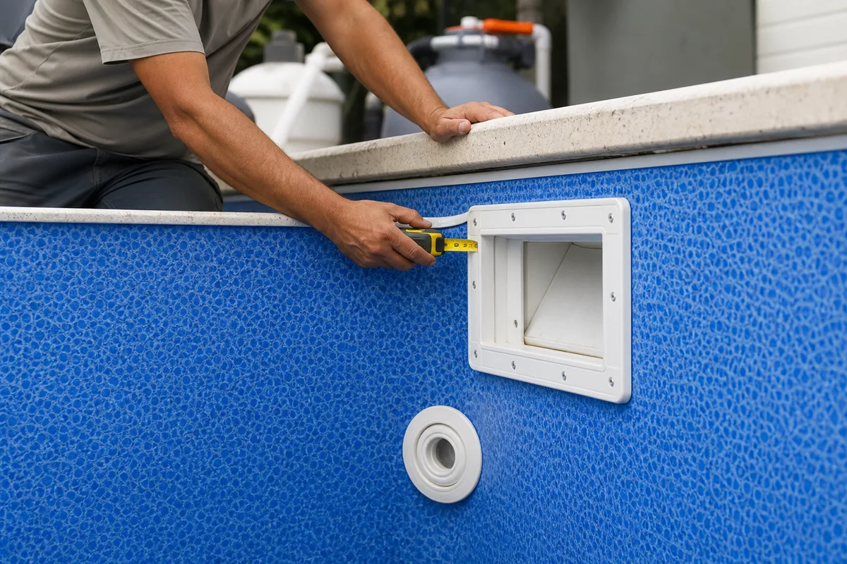 Técnico medindo acabamento do vinil próximo ao skimmer e retorno da piscina