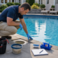 Técnico verificando skimmer e linha d’água da piscina