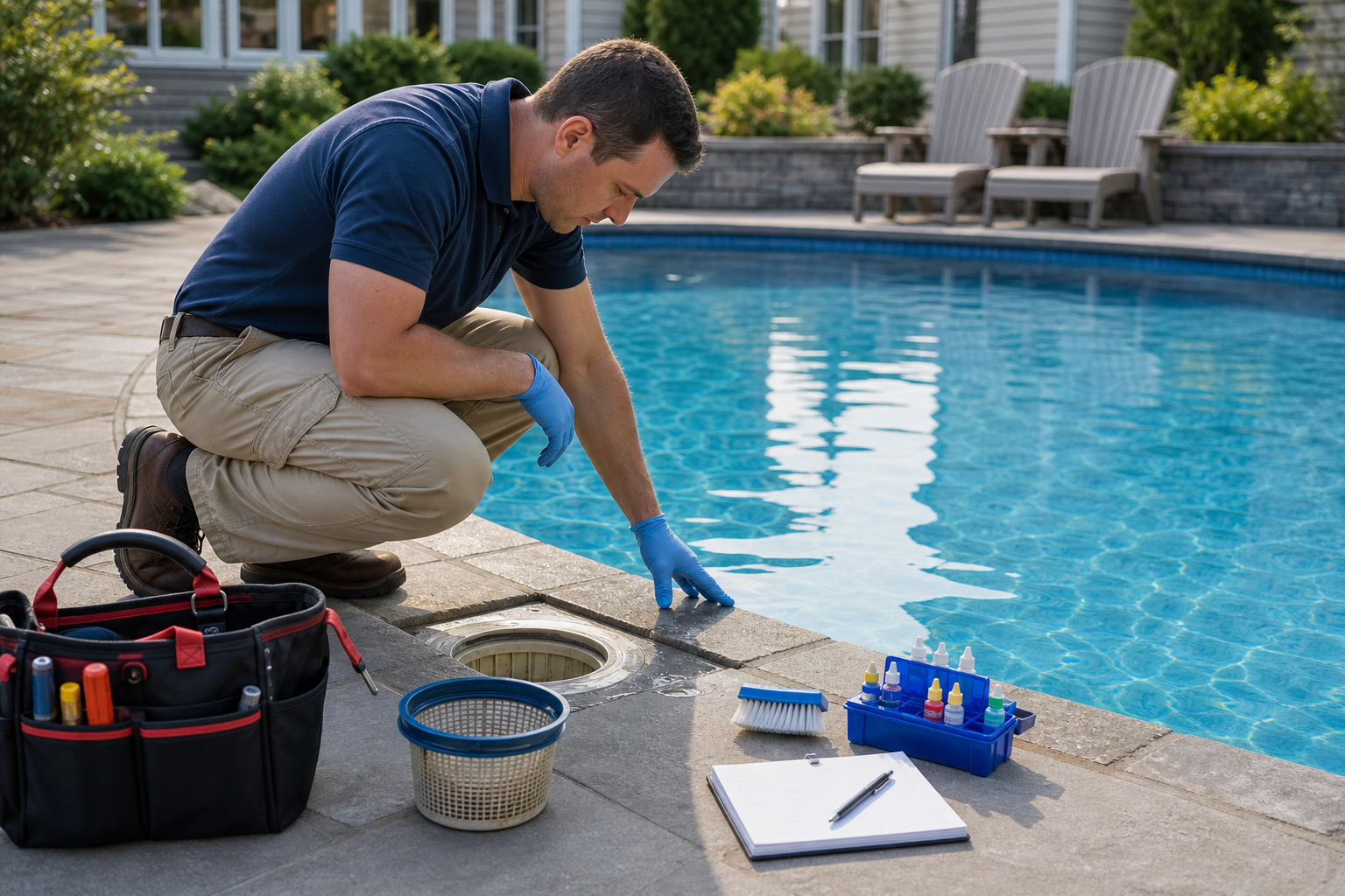 Técnico verificando skimmer e linha d’água da piscina