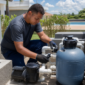 Técnico ajustando registros, bomba e filtro de areia da casa de máquinas de piscina no Setor Garavelo