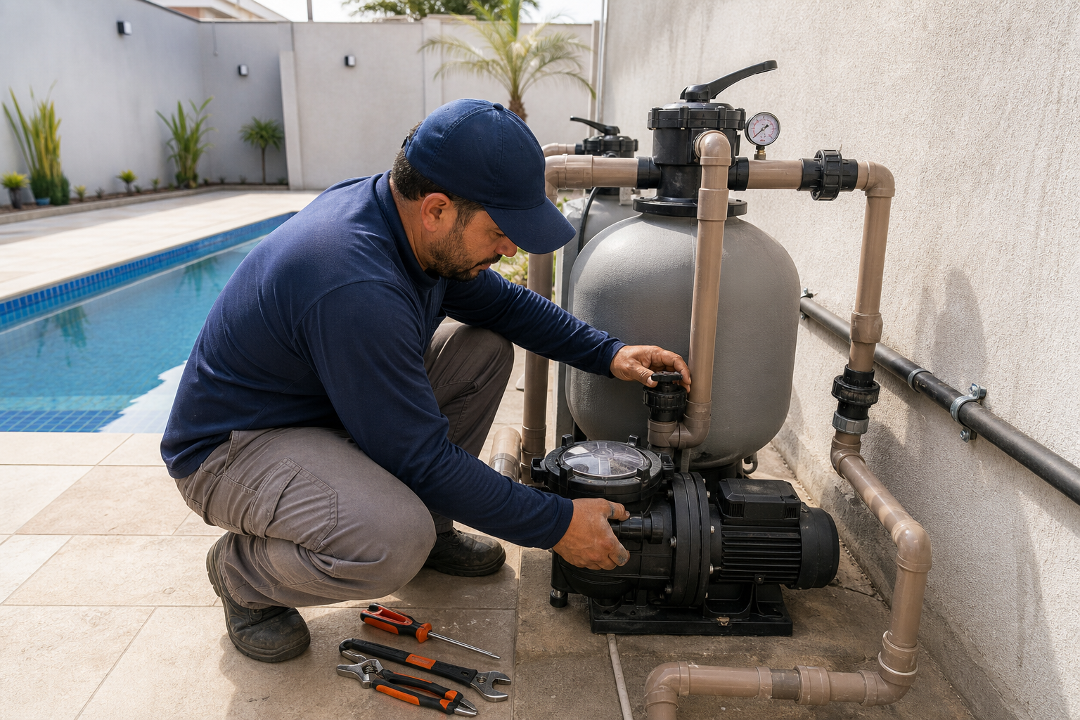 Técnico instalando bomba filtro e tubulações da casa de máquinas ao lado de piscina residencial