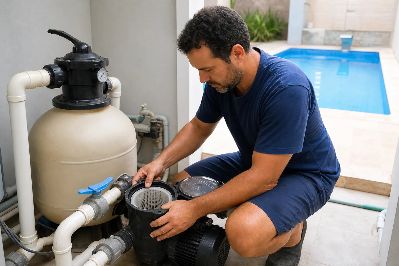 Técnico revisando pré-filtro bomba e filtro de areia em casa de máquinas de piscina residencial em Goiânia