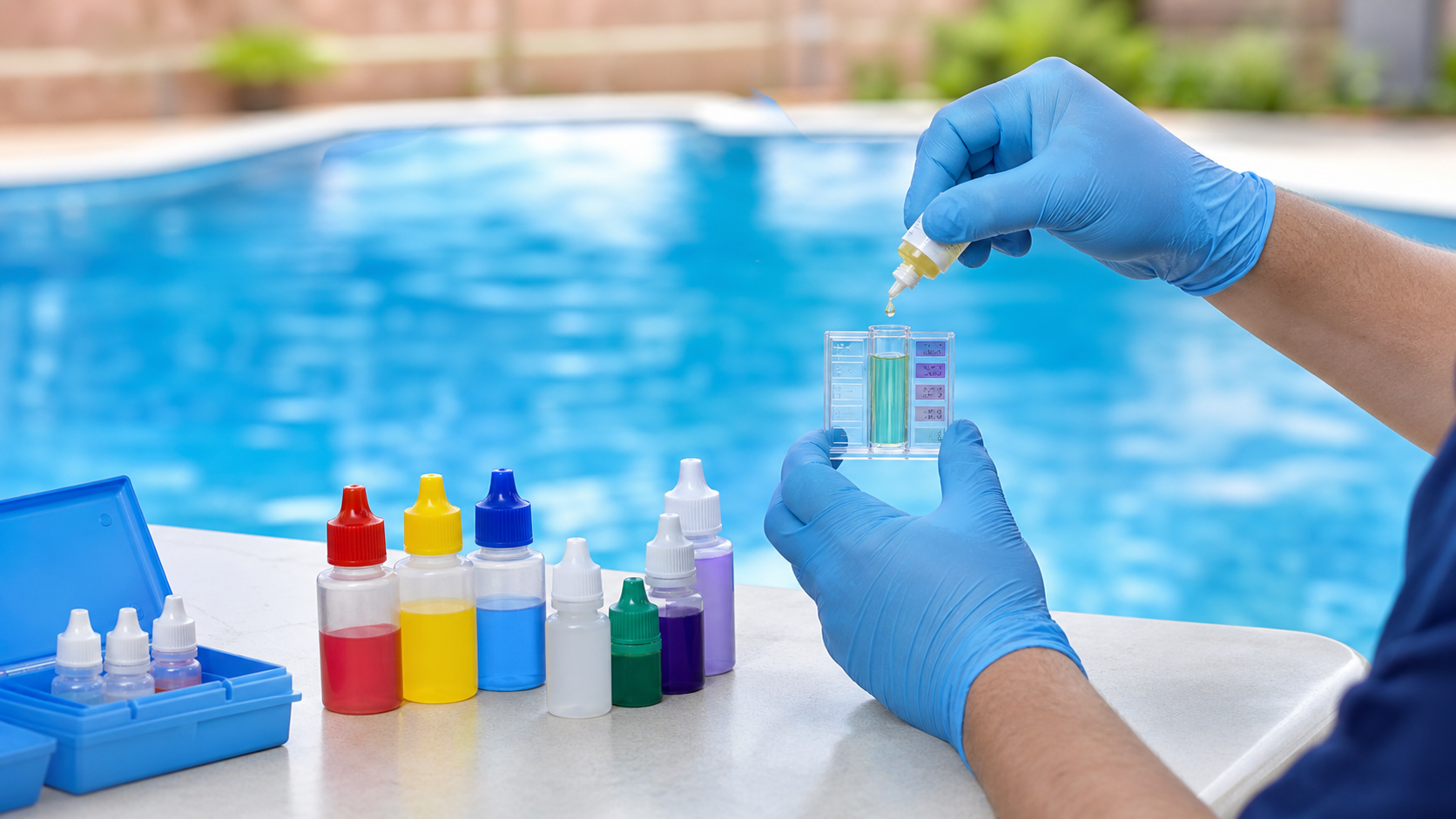 Técnico com luvas usando reagente e comparador para medir alcalinidade e pH da água da piscina
