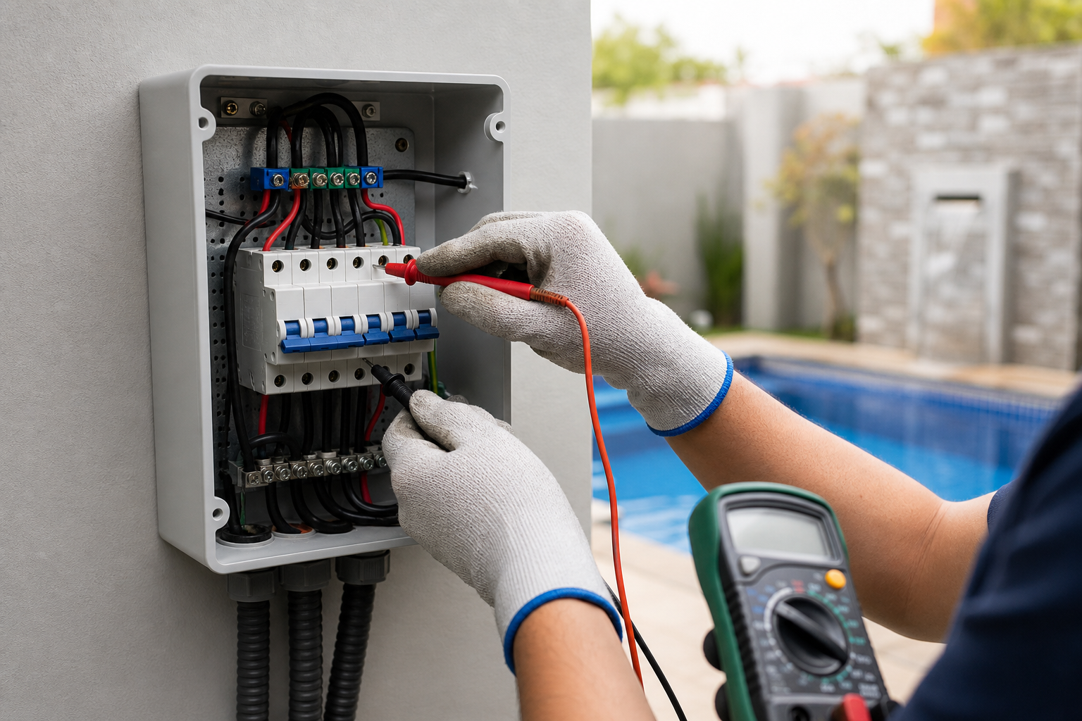 Técnico usando multímetro em quadro elétrico organizado para testar alimentação de LED de piscina
