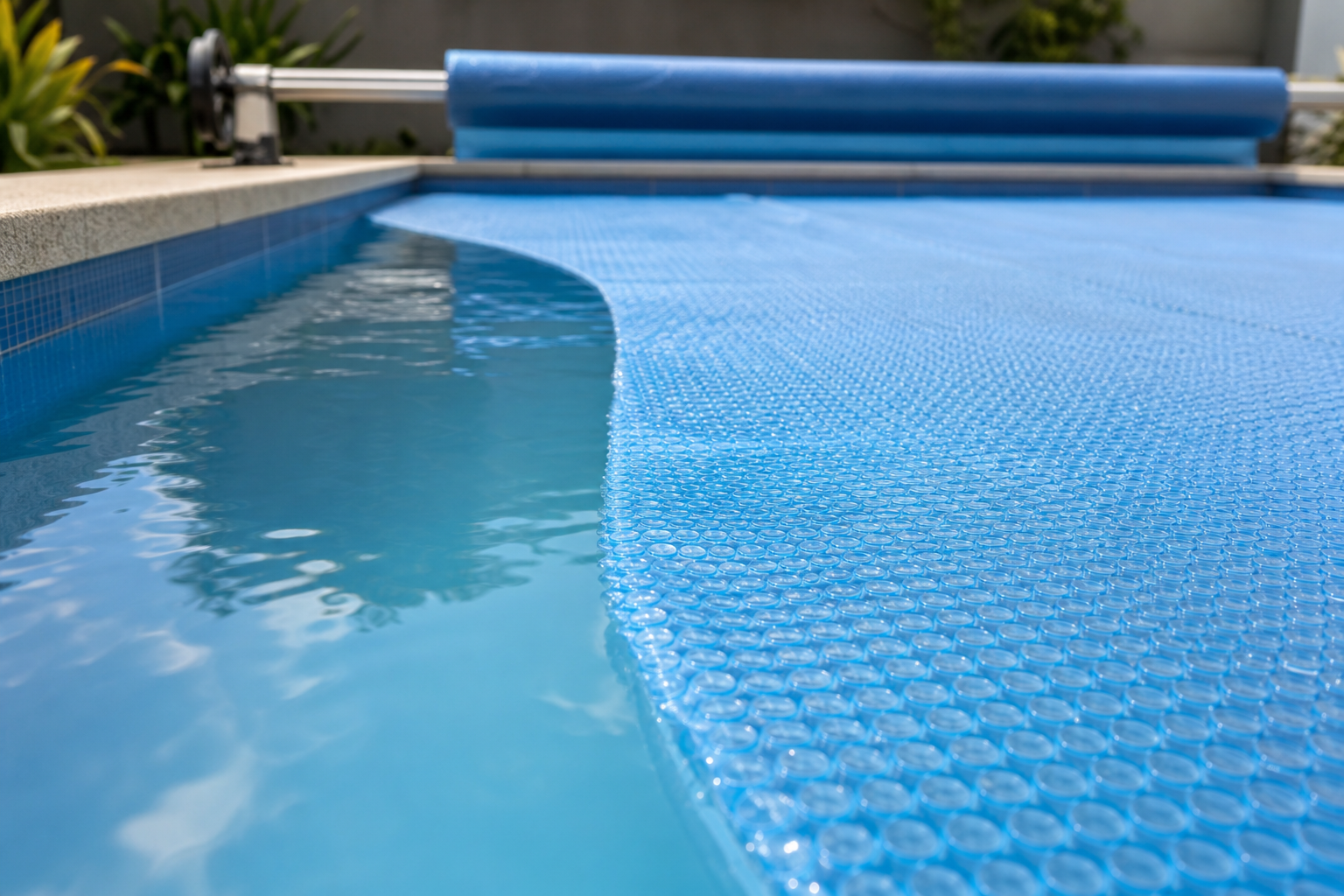 Detalhe da textura bolha de capa térmica azul sobre a água da piscina com enrolador ao fundo