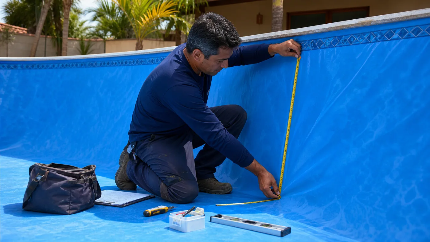 Técnico medindo revestimento de vinil azul em piscina residencial para troca segura