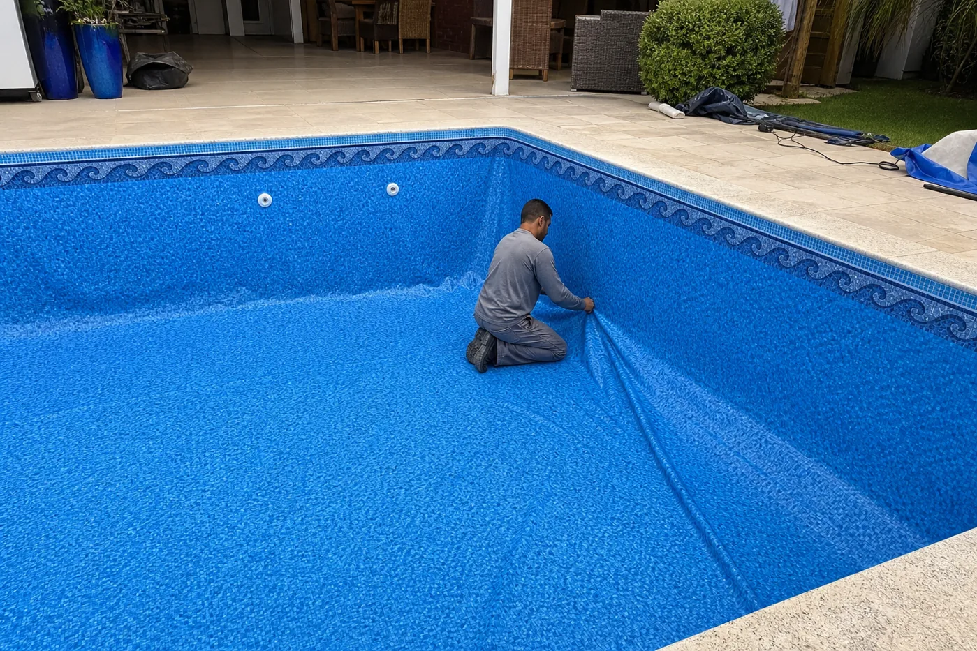 Técnico instalando revestimento vinílico azul em piscina vazia no Alphaville Flamboyant Residencial Araguaia em Goiânia