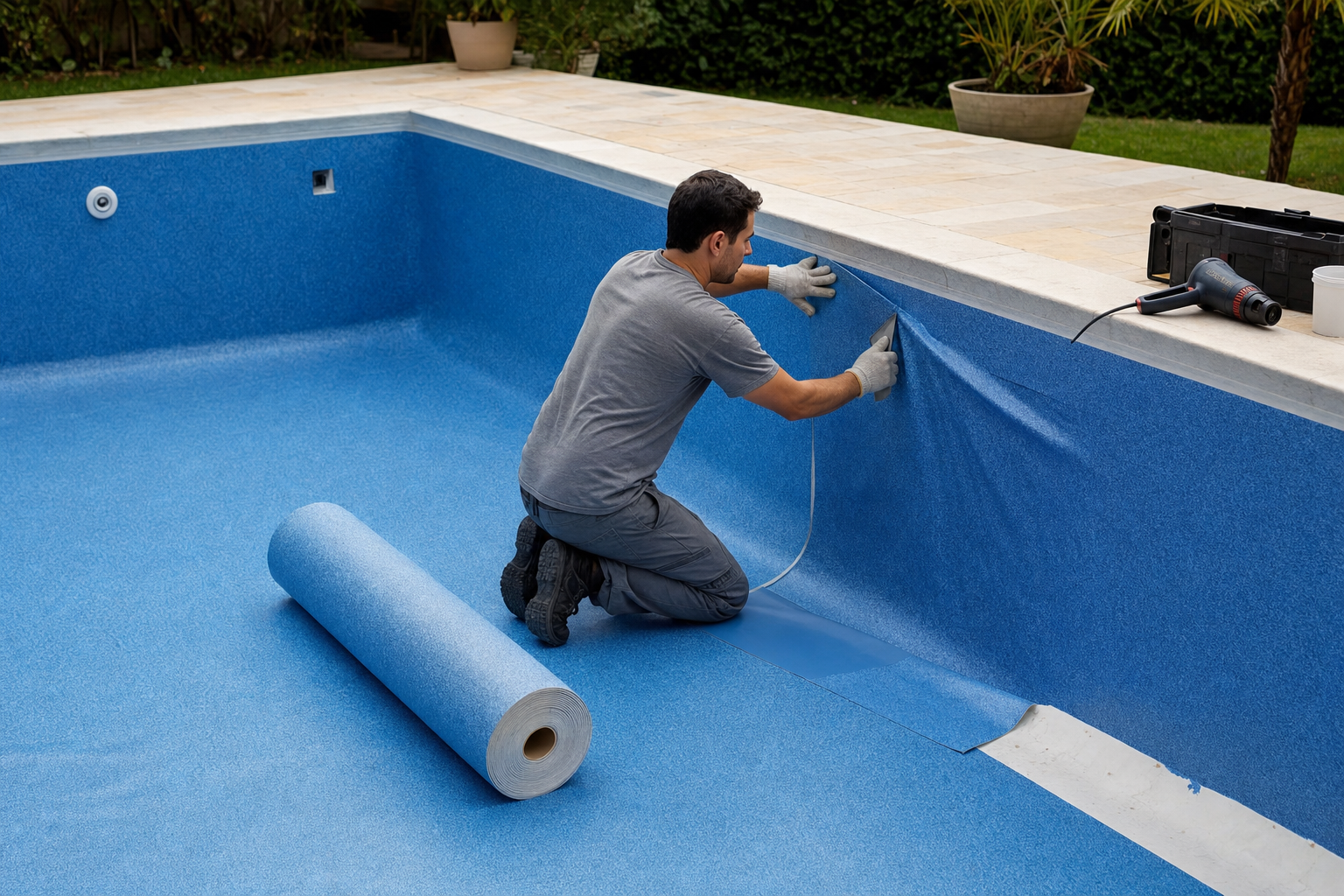 Técnico instalando revestimento vinílico azul em piscina residencial para troca de vinil em Aparecida de Goiânia